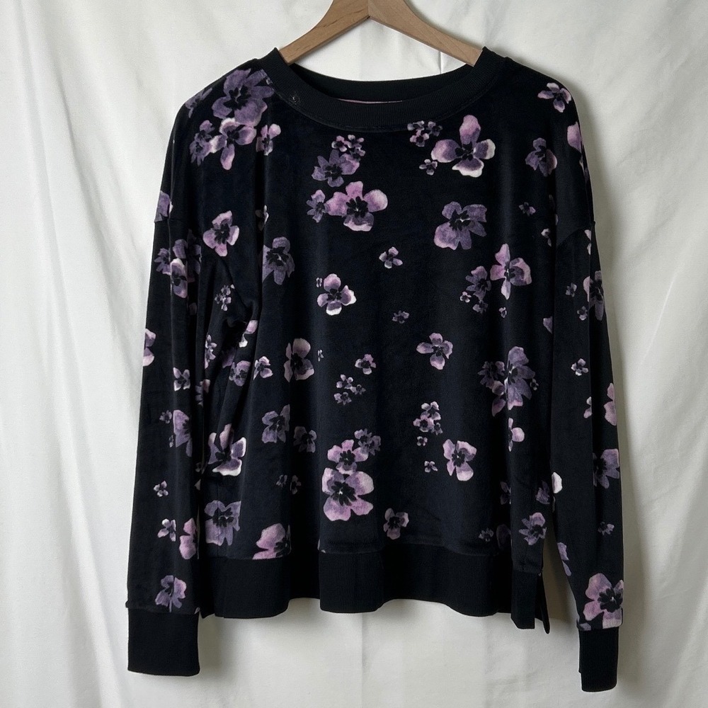 SIMPLY VERA WANG Womens Black Dark Floral Velvet Velour Sweatshirt Size M Cozy